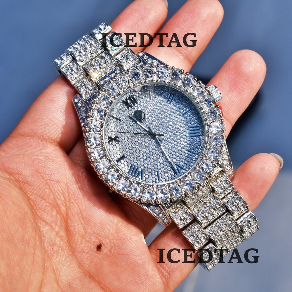 Mens 14K White Gold Plated Iced Out Watch - Picture 5 of 7